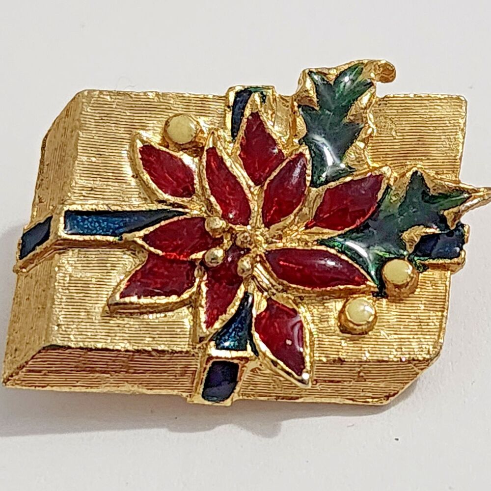 Vintage Christmas Gift Box Brooch Pin Goldtone Red Green White Enamel 3D Rare